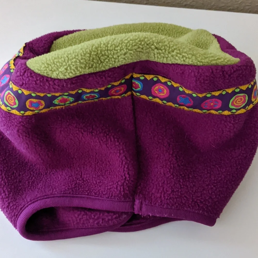 Vintage Girls Large Winter Hat Cherry Tree Fleece Under Chin Closure Ribbon Trim